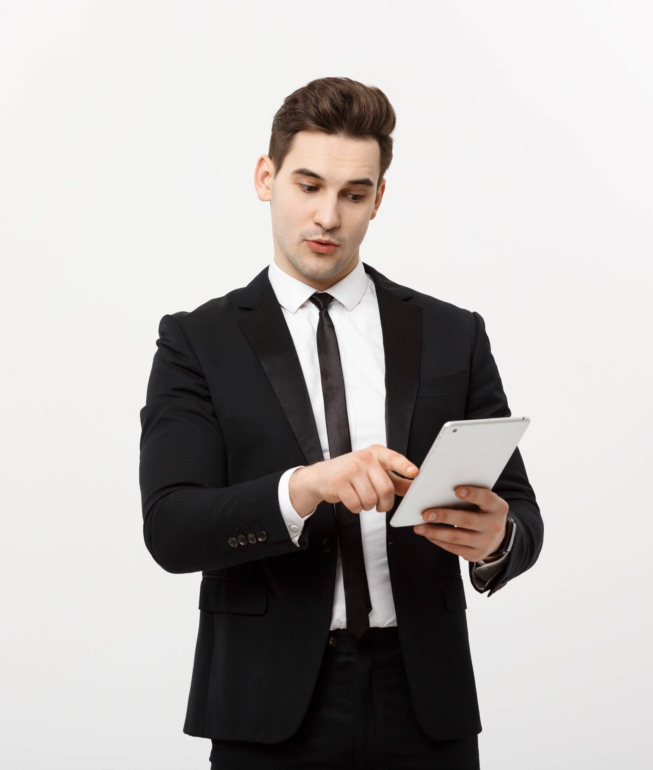 business concept happy smiling businessman pointing digital tablet white background scaled