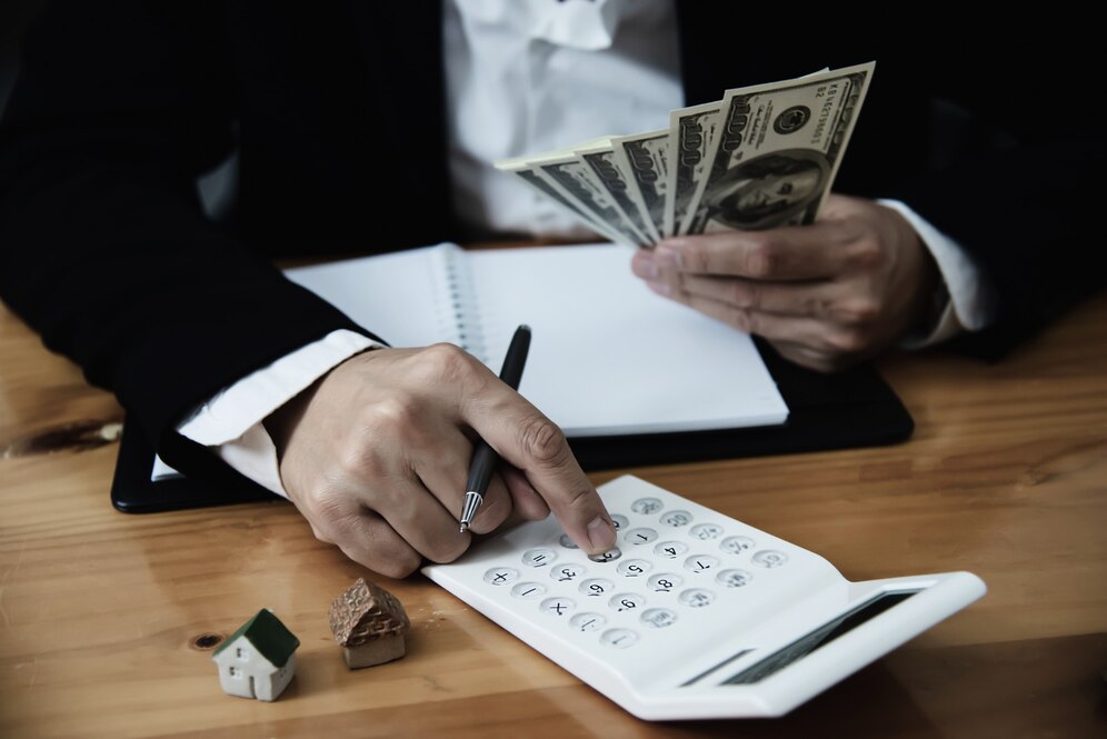 business man show money bank note make financial plan invite people sell buy house car monetary properties loan credit insurance concept 1150 13571